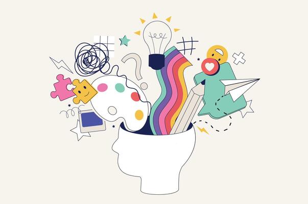 creative-process-concept-in-flat-neo-brutalism-design-for-web-imagination-and-brainstorming-finding-solutions-innovation-thinking-illustration-for-social-media-banner-marketing-material-vector